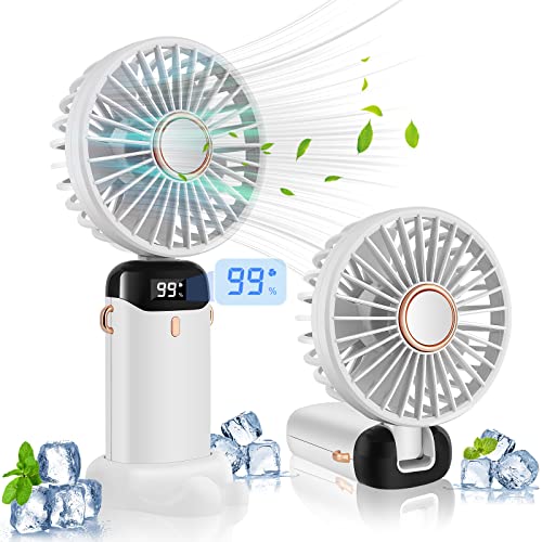 Portable Mini Fans Handheld, 5 Speeds Personal Fans with LED Screen Adjustable Cooling Fan Removable Base, 5000mAh Large Capacity Quiet USB Rechargeable Fan for Home Office Outdoor Travel-White