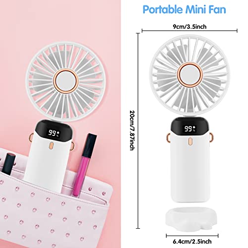 Portable Mini Fans Handheld, 5 Speeds Personal Fans with LED Screen Adjustable Cooling Fan Removable Base, 5000mAh Large Capacity Quiet USB Rechargeable Fan for Home Office Outdoor Travel-White