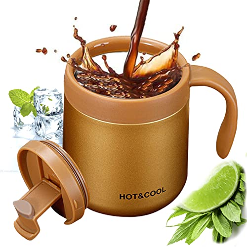 12oz/18oz Insulated Coffee Mug with Handle and Lid, Double Wall Vacuum Stainless Steel Coffee Travel Mug, Tumbler Cup，Reusable and Durable Travel Coffee Cup Thermal Cup, Gold 12oz