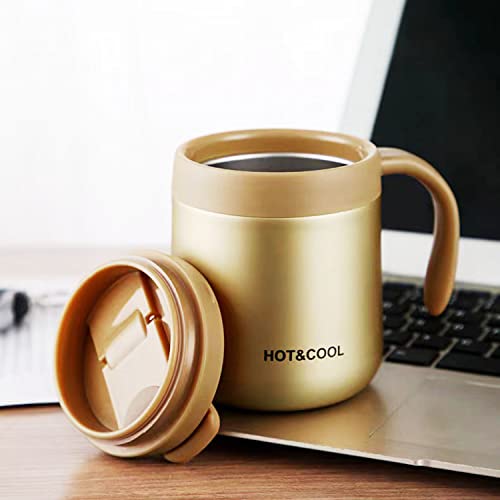 12oz/18oz Insulated Coffee Mug with Handle and Lid, Double Wall Vacuum Stainless Steel Coffee Travel Mug, Tumbler Cup，Reusable and Durable Travel Coffee Cup Thermal Cup, Gold 12oz