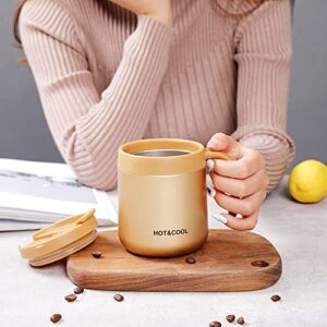 12oz/18oz Insulated Coffee Mug with Handle and Lid, Double Wall Vacuum Stainless Steel Coffee Travel Mug, Tumbler Cup，Reusable and Durable Travel Coffee Cup Thermal Cup, Gold 12oz