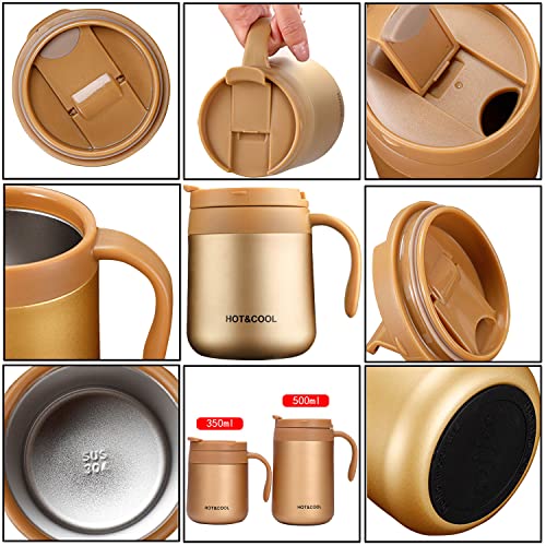 12oz/18oz Insulated Coffee Mug with Handle and Lid, Double Wall Vacuum Stainless Steel Coffee Travel Mug, Tumbler Cup，Reusable and Durable Travel Coffee Cup Thermal Cup, Gold 12oz