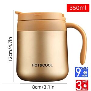 12oz/18oz Insulated Coffee Mug with Handle and Lid, Double Wall Vacuum Stainless Steel Coffee Travel Mug, Tumbler Cup，Reusable and Durable Travel Coffee Cup Thermal Cup, Gold 12oz