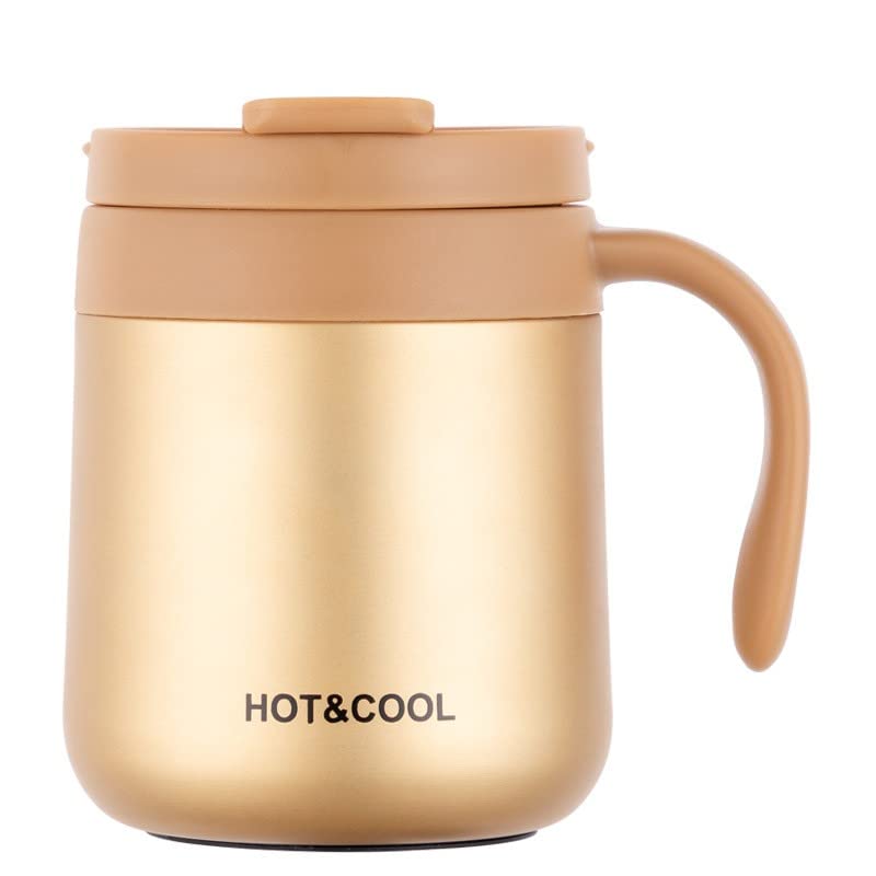 12oz/18oz Insulated Coffee Mug with Handle and Lid, Double Wall Vacuum Stainless Steel Coffee Travel Mug, Tumbler Cup，Reusable and Durable Travel Coffee Cup Thermal Cup, Gold 12oz