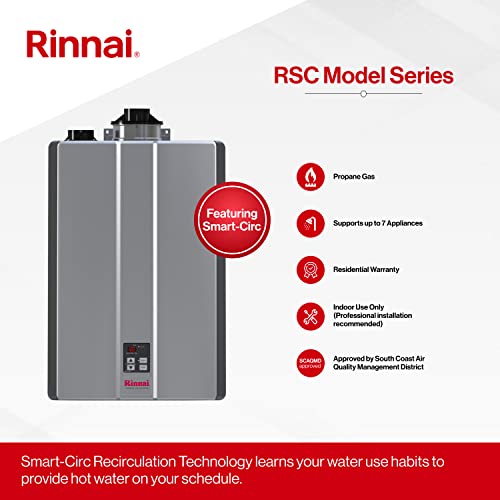 Rinnai RSC199iP Smart-Circ Condensing Gas Tankless Water Heater, Super High Efficiency Plus Propane Heater, Up to 11 GPM, Indoor Installation, 199,000 BTU