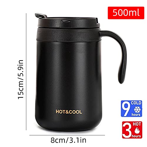 12oz/18oz Insulated Coffee Mug with Handle and Lid, Double Wall Vacuum Stainless Steel Coffee Travel Mug, Tumbler Cup，Reusable and Durable Travel Coffee Cup Thermal Cup, Black 18oz
