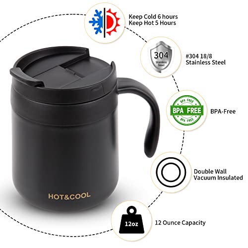 12oz/18oz Insulated Coffee Mug with Handle and Lid, Double Wall Vacuum Stainless Steel Coffee Travel Mug, Tumbler Cup，Reusable and Durable Travel Coffee Cup Thermal Cup, Black 12oz