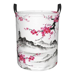 aao-s745 watercolor japanese sumi e sakura hills cherry blossom large laundry hamper with handle foldable durable basket organizer storage bin dirty clothes bag for bedroom nursery bathroom, black