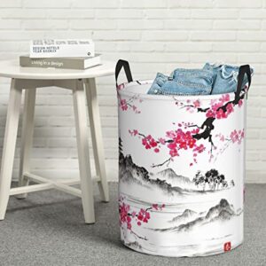 Aao-S745 Watercolor Japanese Sumi E Sakura Hills Cherry Blossom Large Laundry Hamper With Handle Foldable Durable Basket Organizer Storage Bin Dirty Clothes Bag For Bedroom Nursery Bathroom, Black