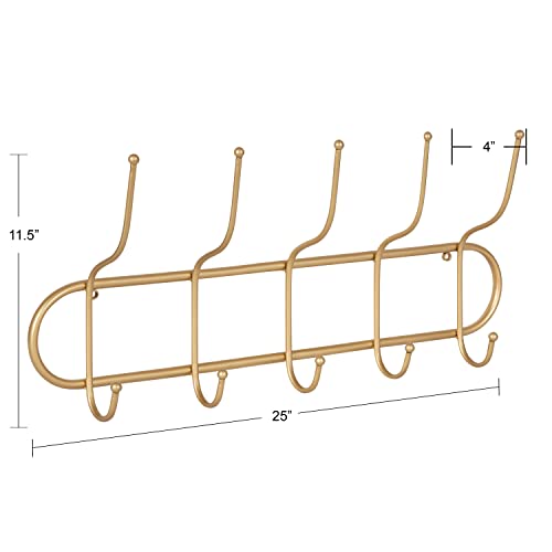 Kate and Laurel Vaida Boho Wall Mounted Coat Rack, 25 x 4 x 12, Gold, Five Decorative Glam Double Sided Coat Hooks and Hat Rack with Trendy Capsule Shape