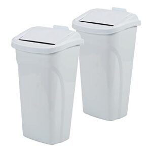 united solutions 10 gal/40 qt all-in-one wastebasket, 2-pack, slim trash can with integrated dustpan swing lid and brush, great for kitchen, office, and bathroom, white