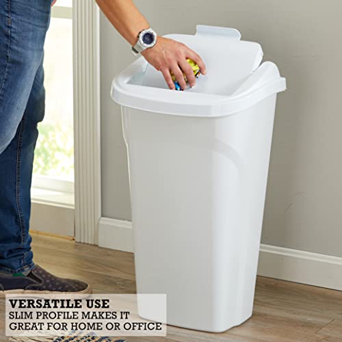United Solutions 10 Gal/40 Qt All-in-One Wastebasket, 2-Pack, Slim Trash Can with Integrated Dustpan Swing Lid and Brush, Great for Kitchen, Office, and Bathroom, White