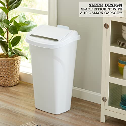 United Solutions 10 Gal/40 Qt All-in-One Wastebasket, 2-Pack, Slim Trash Can with Integrated Dustpan Swing Lid and Brush, Great for Kitchen, Office, and Bathroom, White