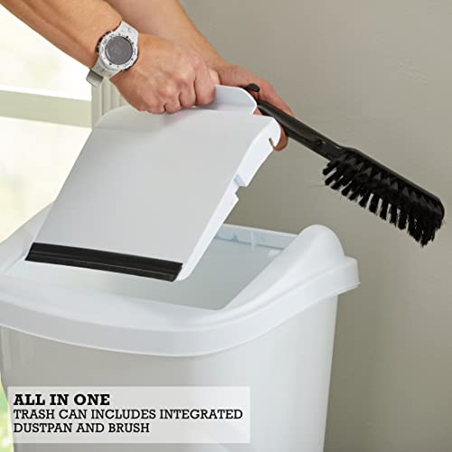 United Solutions 10 Gal/40 Qt All-in-One Wastebasket, 2-Pack, Slim Trash Can with Integrated Dustpan Swing Lid and Brush, Great for Kitchen, Office, and Bathroom, White