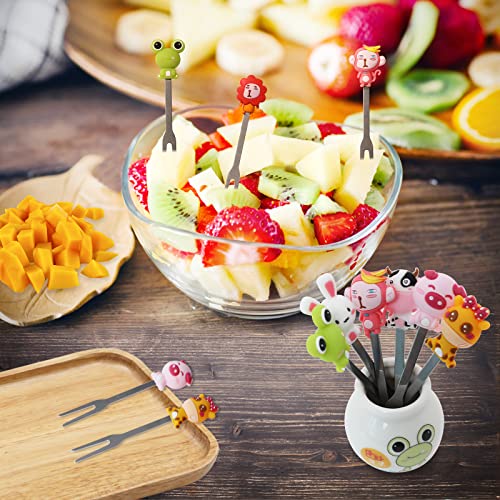 ZAKVOP 18 Pcs Food Picks for Kids with 3 Ceramic Jars, Set of 3 Cute Cartoon Fruit Forks Kids Stainless Steel, Animal Food Picks Fruit Picks for Kids Bento Picks for Appetizers