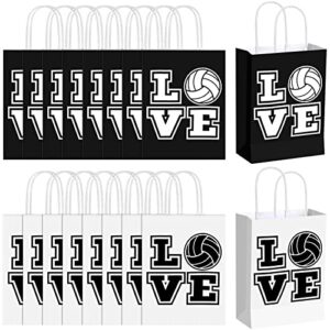 18 pcs volleyball party treat bags volleyball goody treat bag with handle black volleyball paper bag kraft goodie candy bags for sport theme birthday party decor (black backing, love style, white)