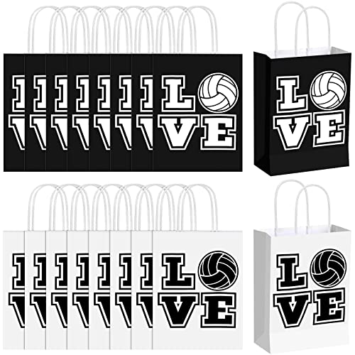 18 Pcs Volleyball Party Treat Bags Volleyball Goody Treat Bag with Handle Black Volleyball Paper Bag Kraft Goodie Candy Bags for Sport Theme Birthday Party Decor (Black Backing, Love Style, White)