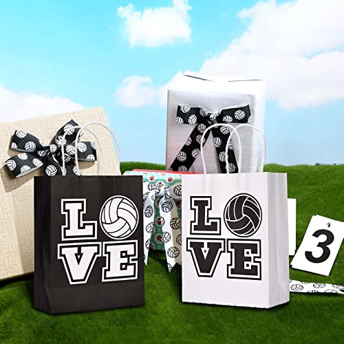 18 Pcs Volleyball Party Treat Bags Volleyball Goody Treat Bag with Handle Black Volleyball Paper Bag Kraft Goodie Candy Bags for Sport Theme Birthday Party Decor (Black Backing, Love Style, White)