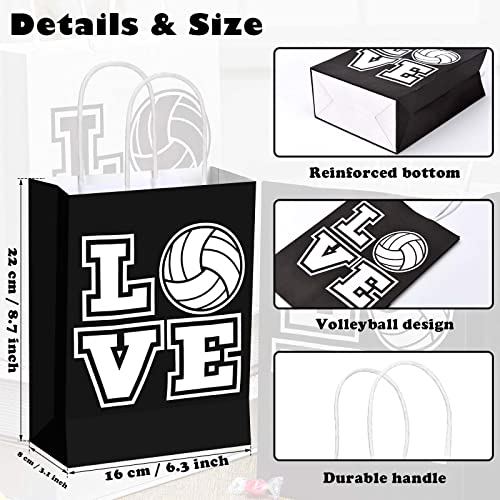 18 Pcs Volleyball Party Treat Bags Volleyball Goody Treat Bag with Handle Black Volleyball Paper Bag Kraft Goodie Candy Bags for Sport Theme Birthday Party Decor (Black Backing, Love Style, White)