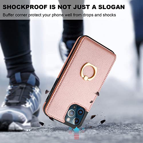 Folosu Compatible with iPhone 12/12 Pro Case Wallet with Card Holder, 360°Rotation Finger Ring Holder Kickstand Protective RFID Blocking PU Leather Double Buttons Flip Shockproof 6.1 Inch Rose Gold