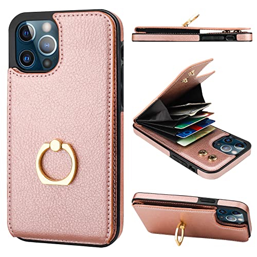 Folosu Compatible with iPhone 12/12 Pro Case Wallet with Card Holder, 360°Rotation Finger Ring Holder Kickstand Protective RFID Blocking PU Leather Double Buttons Flip Shockproof 6.1 Inch Rose Gold