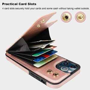 Folosu Compatible with iPhone 12/12 Pro Case Wallet with Card Holder, 360°Rotation Finger Ring Holder Kickstand Protective RFID Blocking PU Leather Double Buttons Flip Shockproof 6.1 Inch Rose Gold