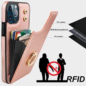 Folosu Compatible with iPhone 12/12 Pro Case Wallet with Card Holder, 360°Rotation Finger Ring Holder Kickstand Protective RFID Blocking PU Leather Double Buttons Flip Shockproof 6.1 Inch Rose Gold