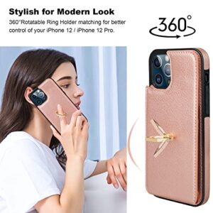 Folosu Compatible with iPhone 12/12 Pro Case Wallet with Card Holder, 360°Rotation Finger Ring Holder Kickstand Protective RFID Blocking PU Leather Double Buttons Flip Shockproof 6.1 Inch Rose Gold