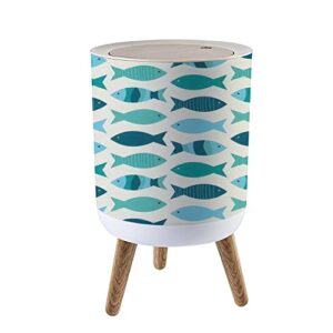 trash can with lid coastal fish seamless blue and teal green fish on a light sand modern press cover small garbage bin round with wooden legs waste basket for bathroom kitchen bedroom 7l/1.8 gallon