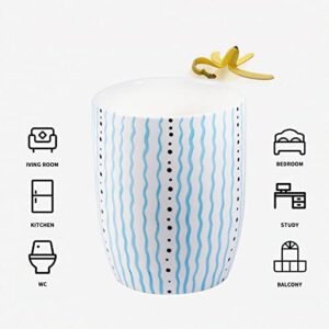 RZCNC Small Trash Durable Garbage Can Waste Basket for Bathroom, Bedroom, Office and More 2.75 Gallon Capacity with Stylish Blue Wavy Line Ceramic