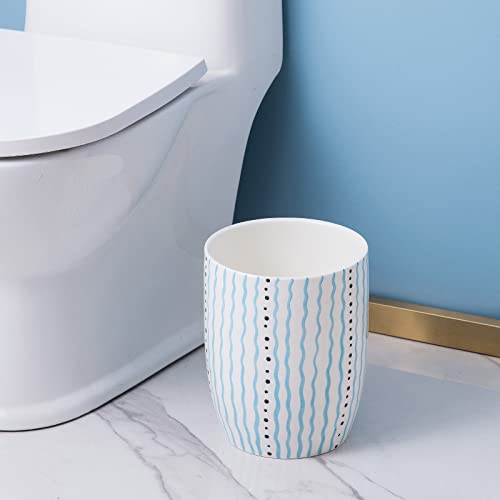 RZCNC Small Trash Durable Garbage Can Waste Basket for Bathroom, Bedroom, Office and More 2.75 Gallon Capacity with Stylish Blue Wavy Line Ceramic