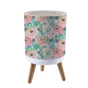 small trash can with lid watercolor seamless with delicate roses and eucalyptus on light pink round garbage can press cover wastebasket wood waste bin for bathroom kitchen office 7l/1.8 gallon