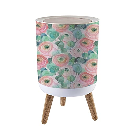 Small Trash Can with Lid watercolor seamless with delicate roses and eucalyptus on light pink Round Garbage Can Press Cover Wastebasket Wood Waste Bin for Bathroom Kitchen Office 7L/1.8 Gallon