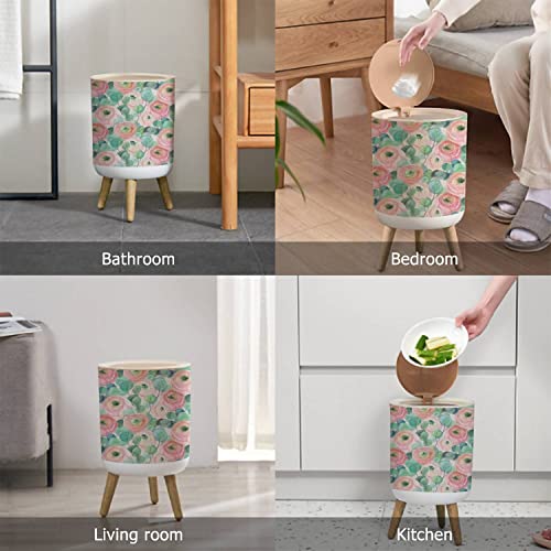 Small Trash Can with Lid watercolor seamless with delicate roses and eucalyptus on light pink Round Garbage Can Press Cover Wastebasket Wood Waste Bin for Bathroom Kitchen Office 7L/1.8 Gallon