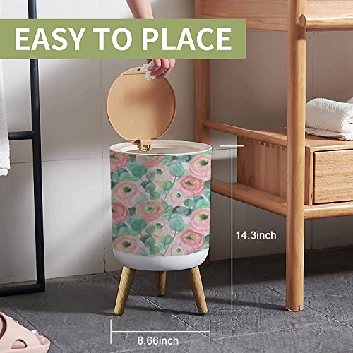 Small Trash Can with Lid watercolor seamless with delicate roses and eucalyptus on light pink Round Garbage Can Press Cover Wastebasket Wood Waste Bin for Bathroom Kitchen Office 7L/1.8 Gallon