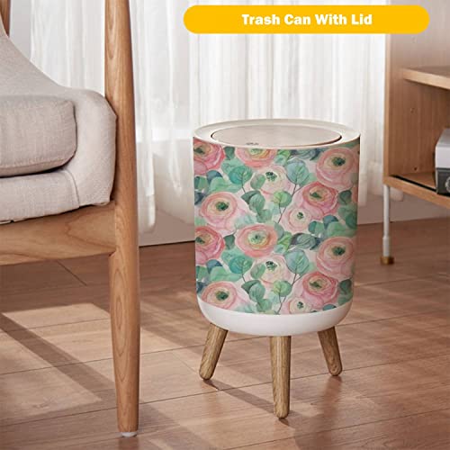 Small Trash Can with Lid watercolor seamless with delicate roses and eucalyptus on light pink Round Garbage Can Press Cover Wastebasket Wood Waste Bin for Bathroom Kitchen Office 7L/1.8 Gallon