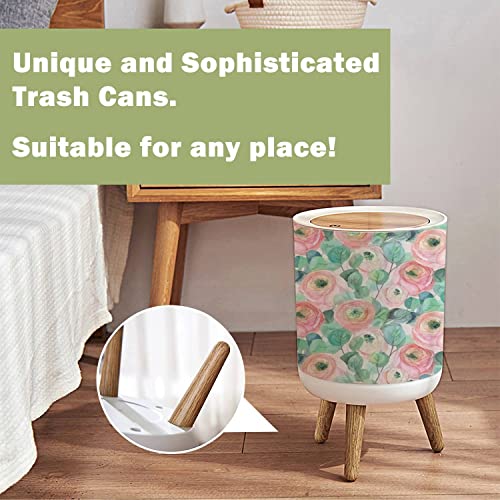 Small Trash Can with Lid watercolor seamless with delicate roses and eucalyptus on light pink Round Garbage Can Press Cover Wastebasket Wood Waste Bin for Bathroom Kitchen Office 7L/1.8 Gallon