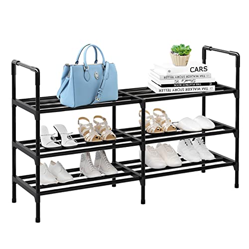 AOFUXTI Expandable Shoe Rack Organizer - Shoe Organizer, 12-16 Pairs Shoe Shelf, 3 Tiers, Shoe Rack for Closet, Bedroom, Garage, Entryway (Black)