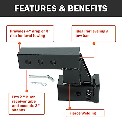 Hitch Receiver 2 Inch, Trailer 4" Drop/Rise Hitch Receiver Adapter Extension Class 3 2 Receiver Hitch with Pin and Clip