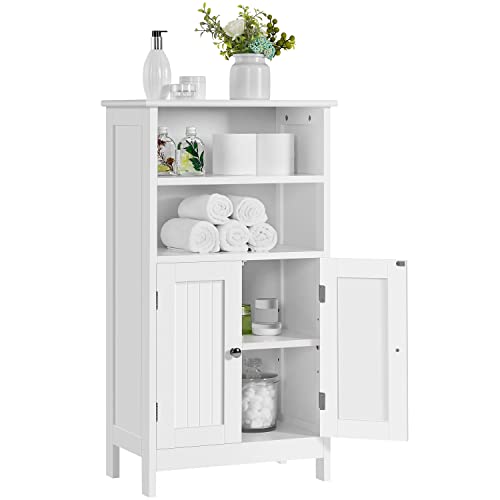 Yaheetech Bathroom Floor Cabinet, Free Standing Cabinet with Double Door and Adjustable Shelves, Side Tall Storage Organizer for Living Room/Kitchen/Hallway/Home Office, White