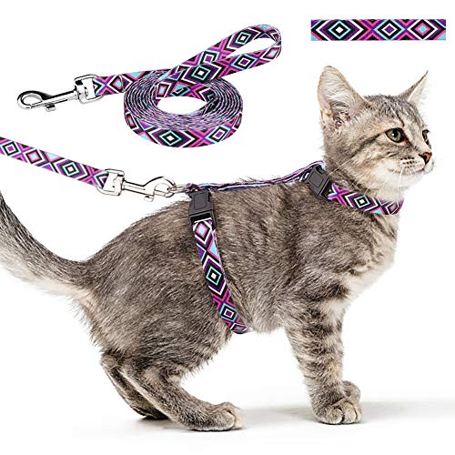 Cat Harness and Leash Set Geometric Pattern Escape Proof Adjustable for Kitty Outdoor Walking(Purple)