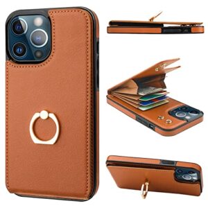 folosu compatible with iphone 13 pro max case wallet with card holder, 360°rotation finger ring holder kickstand protective rfid blocking pu leather double buttons flip shockproof cover 6.7 inch brown
