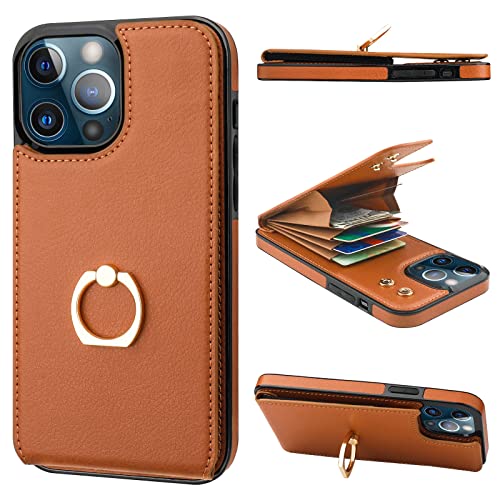 Folosu Compatible with iPhone 13 Pro Max Case Wallet with Card Holder, 360°Rotation Finger Ring Holder Kickstand Protective RFID Blocking PU Leather Double Buttons Flip Shockproof Cover 6.7 Inch Brown