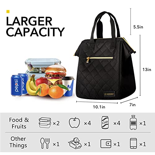 YASSIBY Women's Insulated Lunch Bag, Fashion Wide Tote Bag, Reusable Lunch Box, Water Resistant, For Work, Travel, Picnic.(Black-Large)