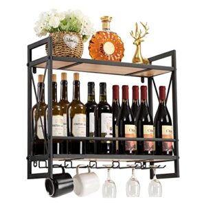 hadulcet industrial wall mounted wine rack, 2-tier wood wine bottle shelf with 5 stem glass holders for wine glasses, mugs, and 2 metal baskets for storage, vintage oak