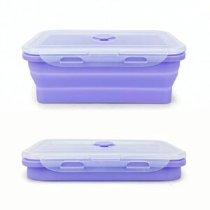 lunbengo purple collapsible sandwich container, silicone lunch container bento box with plastic lid, microwave safe, camping bowl for meal prep, travel and hiking, 40oz/1200ml