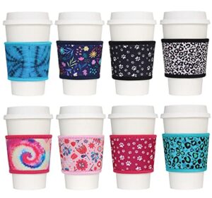 frriotn 8 pieces reusable coffee cup sleeves neoprene insulator sleeve for hot coffee, iced coffee and tea cups