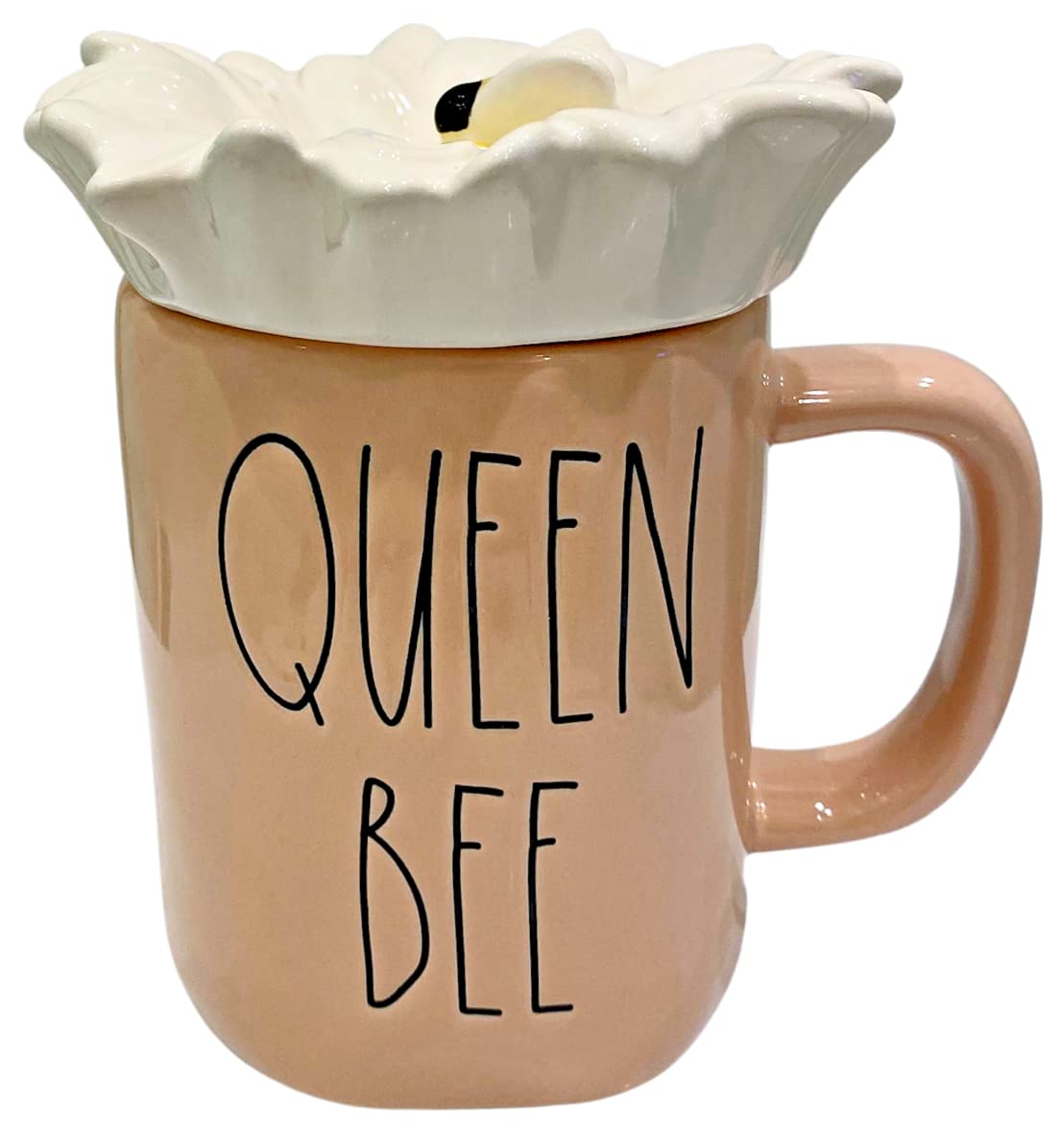 Rae Dunn Magenta Finely Glazed Ceramic Coffee Mug in Salmon with Daisy Flower Lid | Inscribed: QUEEN BEE Daisy with Bumble Bee on Lid