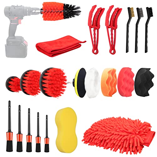 OELON 22 PCS Car Detail Brush Kit, Car Auto Drill Wash Brushes Set, Automotive Car Interior Brush Cleaning Kit for Wheel, Air Vents, Dashboard, Emblems, Engine, Carpet, Tire, Rim, Leather