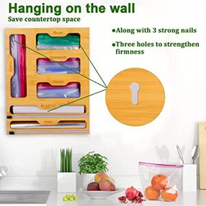 Bamboo 6 IN 1 Foil And Plastic Wrap Organizer With Ziplock Bag Storage Organizer for Kitchen Drawer, TIGARI Plastic Wrap Dispenser With Cutter, Suitable for Wrap, Foil, Gallon, Quart, Sandwich Bags